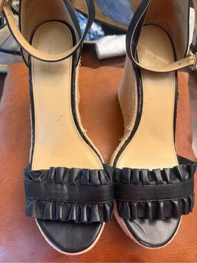Michael Kors Black Leather Ruffle Espadrille Wedge Sandals